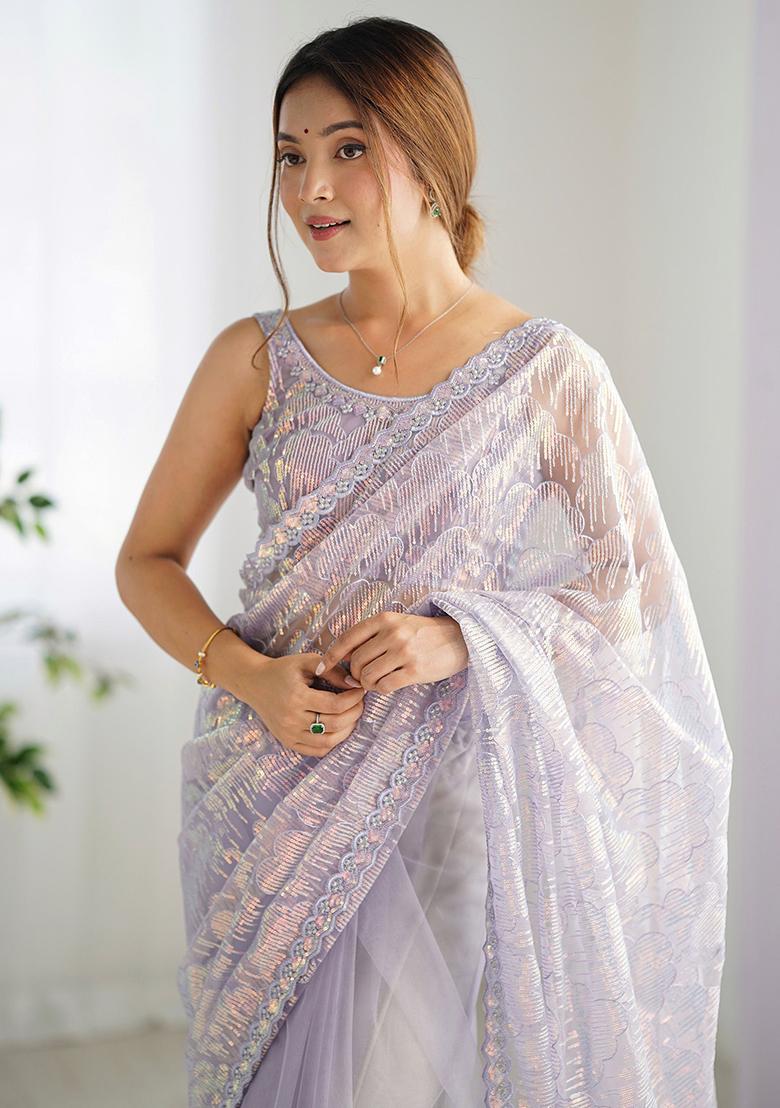 Lavender Sequin Embroidered Net Sarees