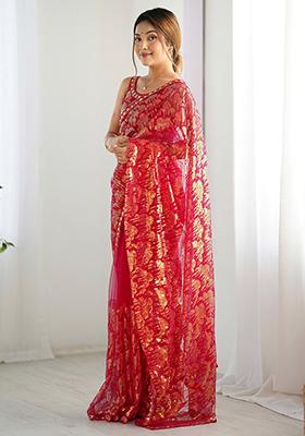 Red Sequin Embroidered Net Sarees