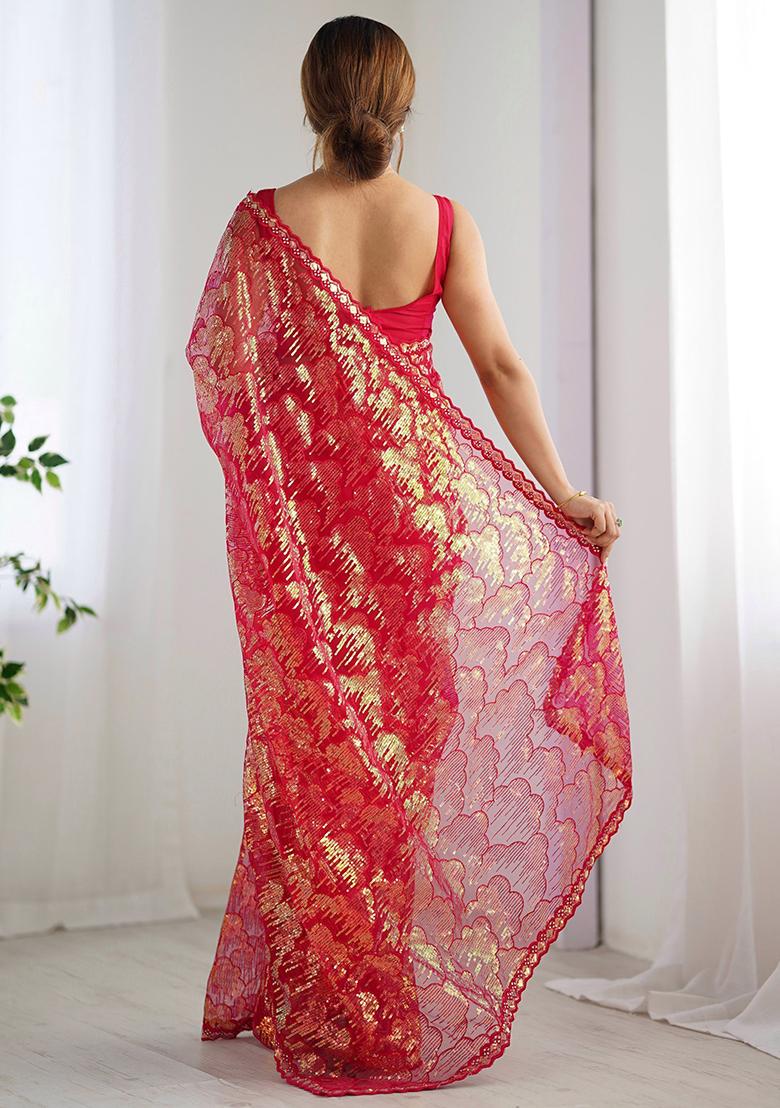 Red Sequin Embroidered Net Sarees