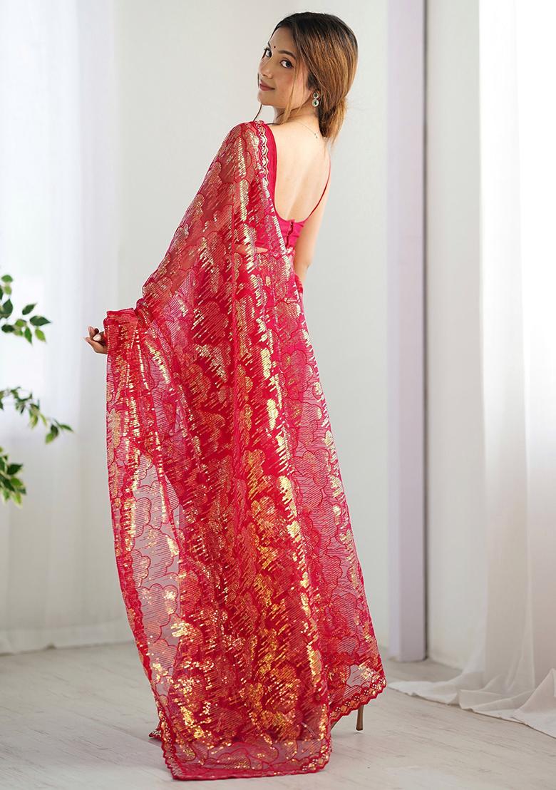 Red Sequin Embroidered Net Sarees