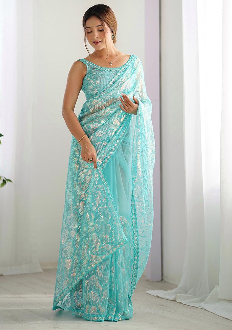 Sky Blue Sequin Embroidered Net Sarees