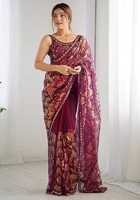 Purple Sequin Embroidered Net Sarees