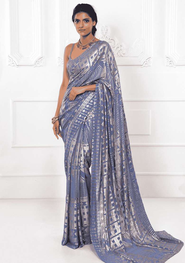 Grey Sequin Embroidered Georgette Sarees for Diwali and Festive Wear - Indya