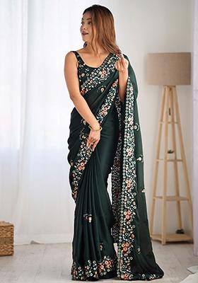 Green Floral Print Satin Sarees