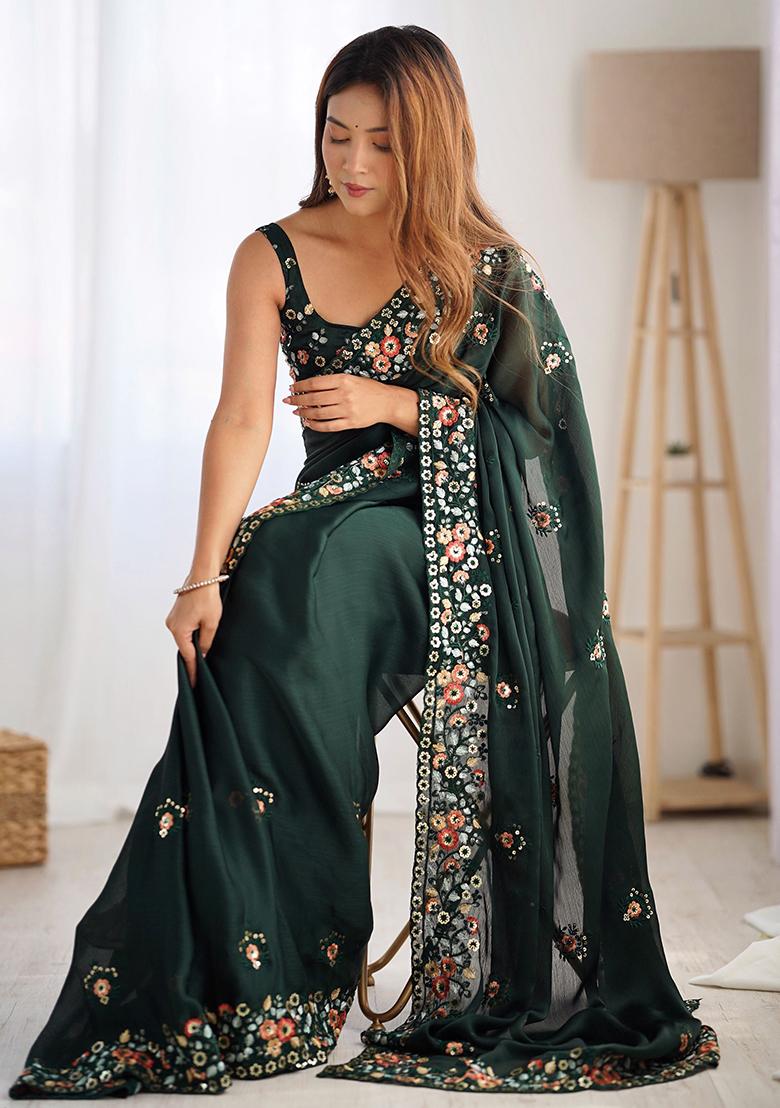 Green Floral Print Satin Sarees