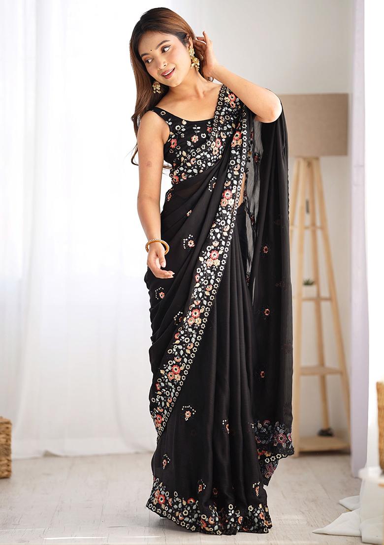 Black Floral Print Satin Sarees