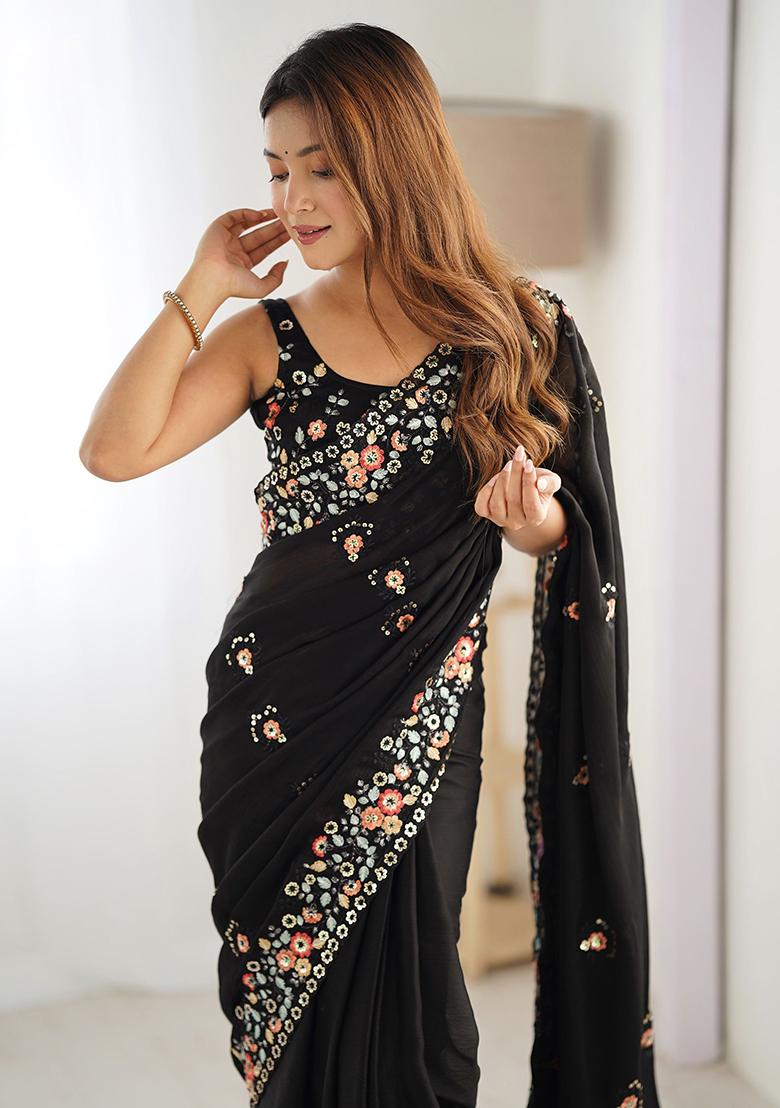 Black Floral Print Satin Sarees