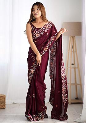 Purple Floral Print Satin Sarees
