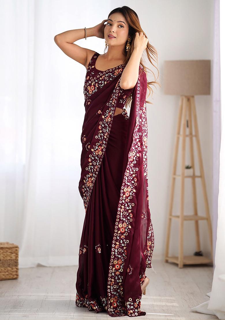 Purple Floral Print Satin Sarees