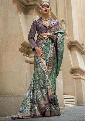 Green Digital Print Silk Sarees