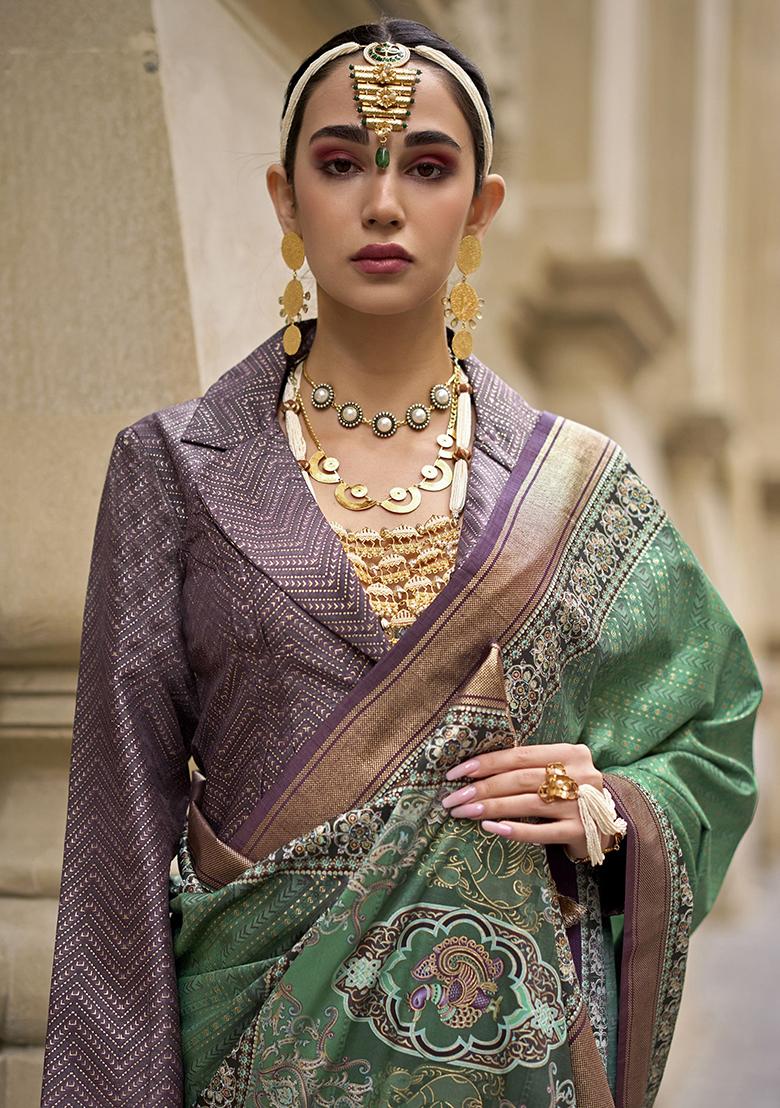 Green Digital Print Silk Sarees