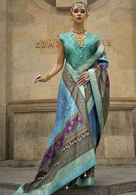 Sky Blue Digital Print Silk Sarees