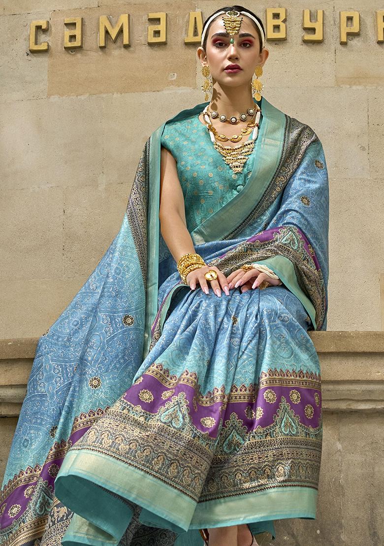 Sky Blue Digital Print Silk Sarees