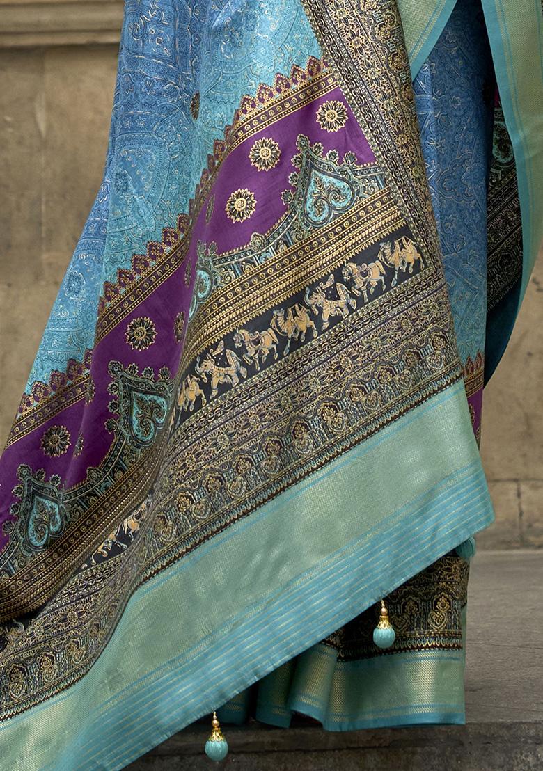 Sky Blue Digital Print Silk Sarees