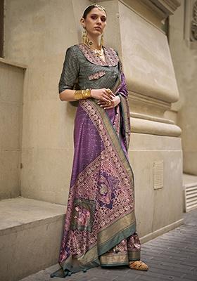 Purple Digital Print Silk Sarees