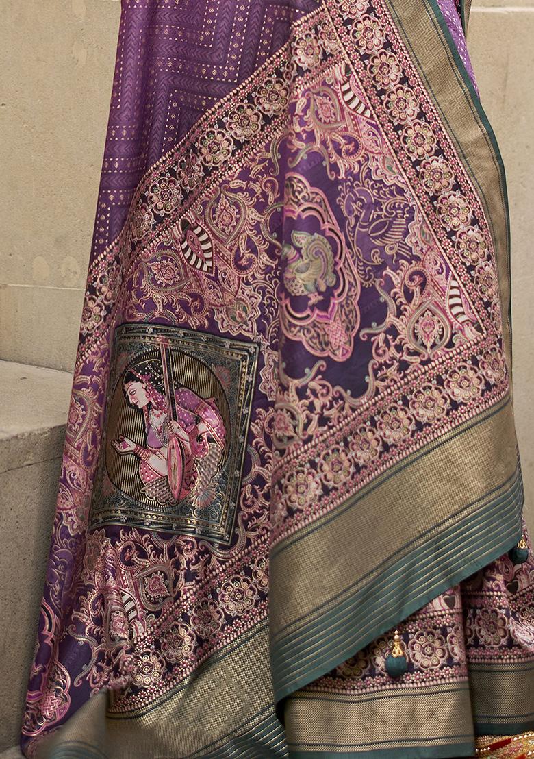 Purple Digital Print Silk Sarees
