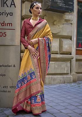 Yellow Digital Print Silk Sarees