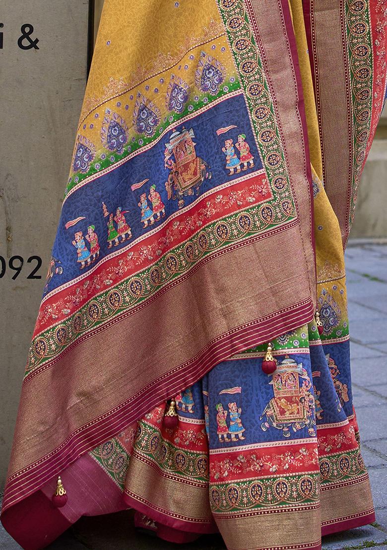 Yellow Digital Print Silk Sarees