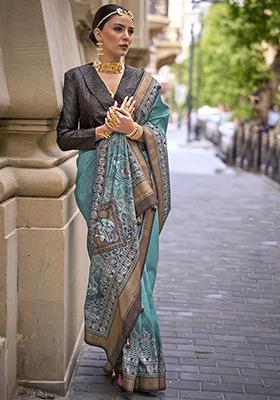 Blue Digital Print Silk Sarees