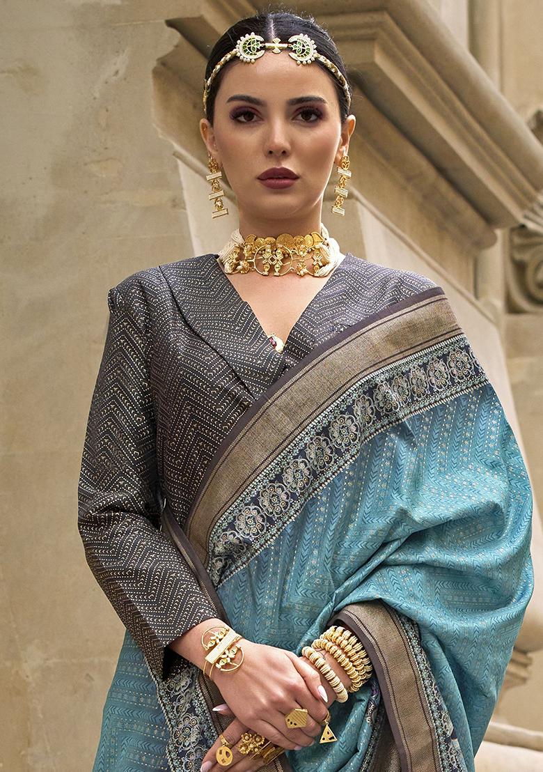 Blue Digital Print Silk Sarees