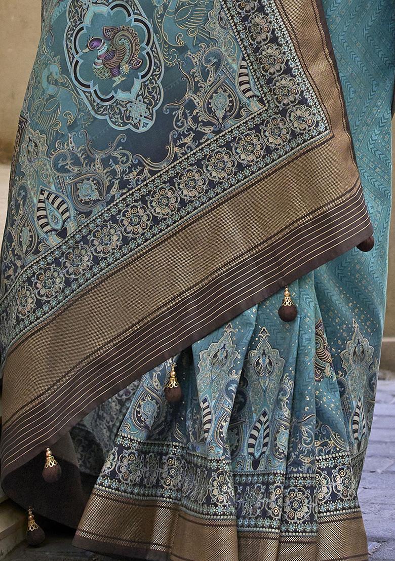 Blue Digital Print Silk Sarees
