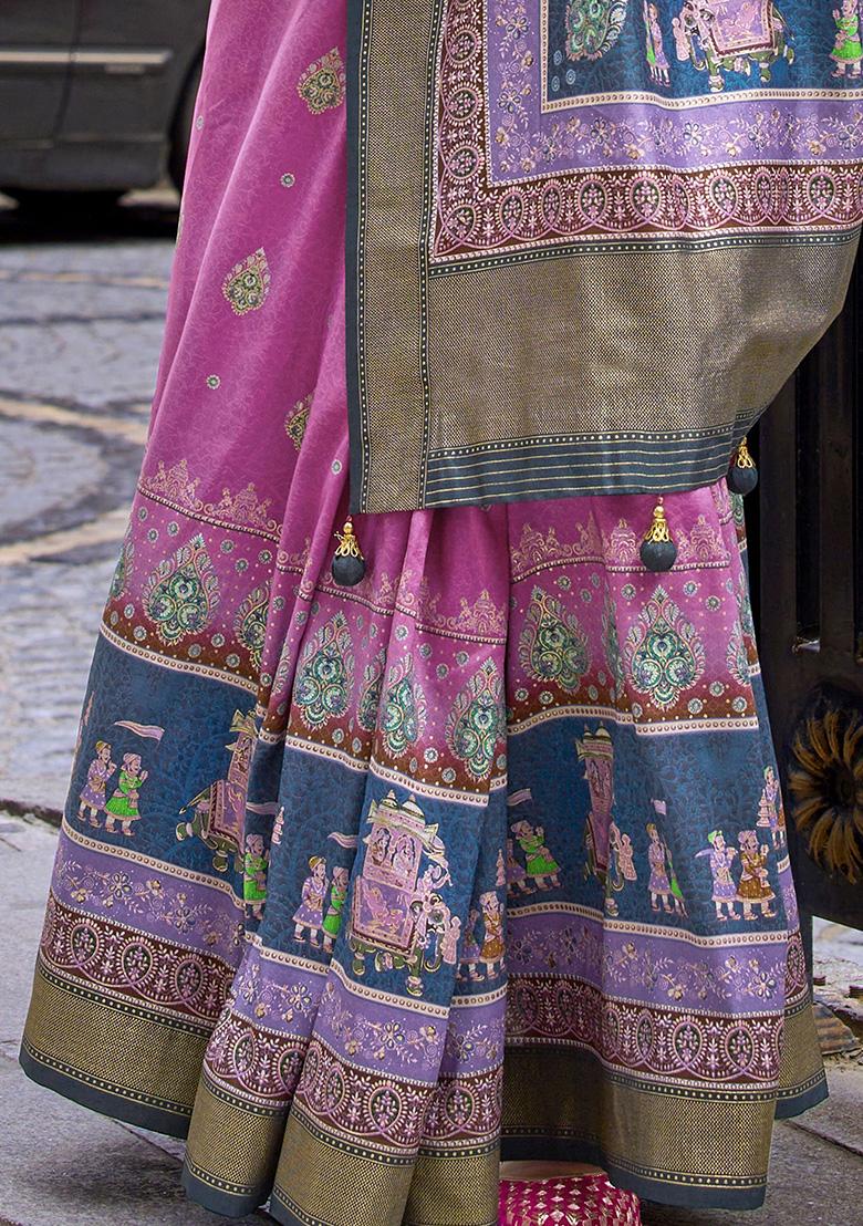 Pink Digital Print Silk Sarees
