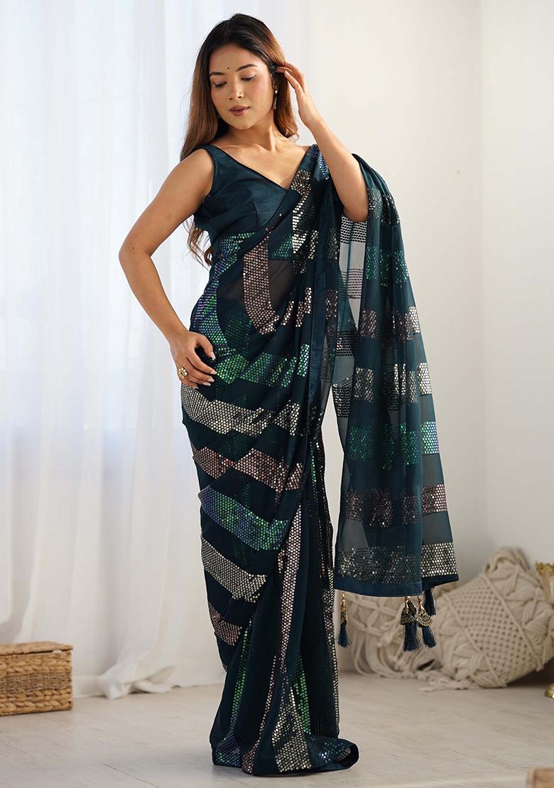 Blue Sequin Embroidered Georgette Sarees