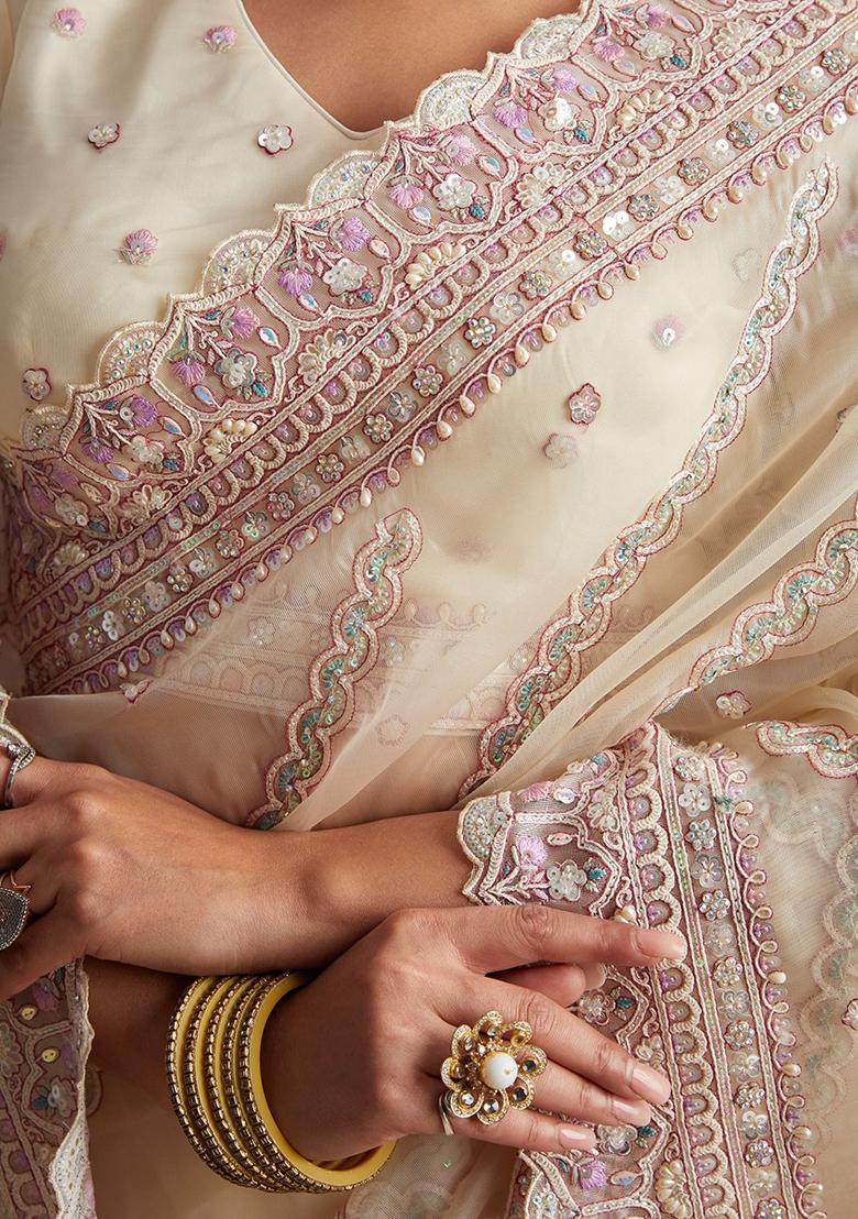 White Embroidered Net Sarees