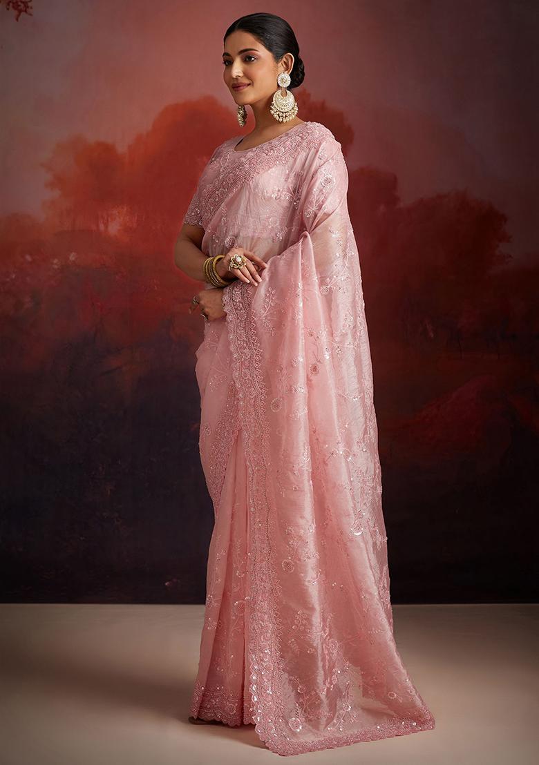 Peach Embroidered Organza Sarees