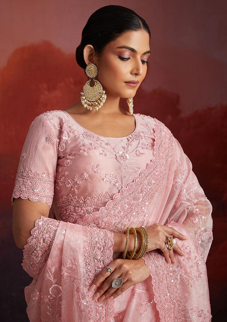 Peach Embroidered Organza Sarees