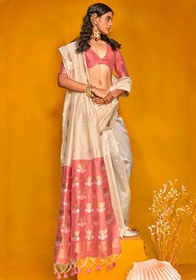 Beige Zari Weaving Silk Sarees