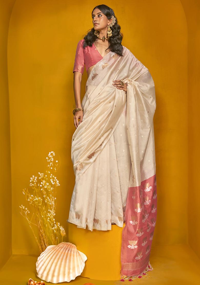 Beige Zari Weaving Silk Sarees