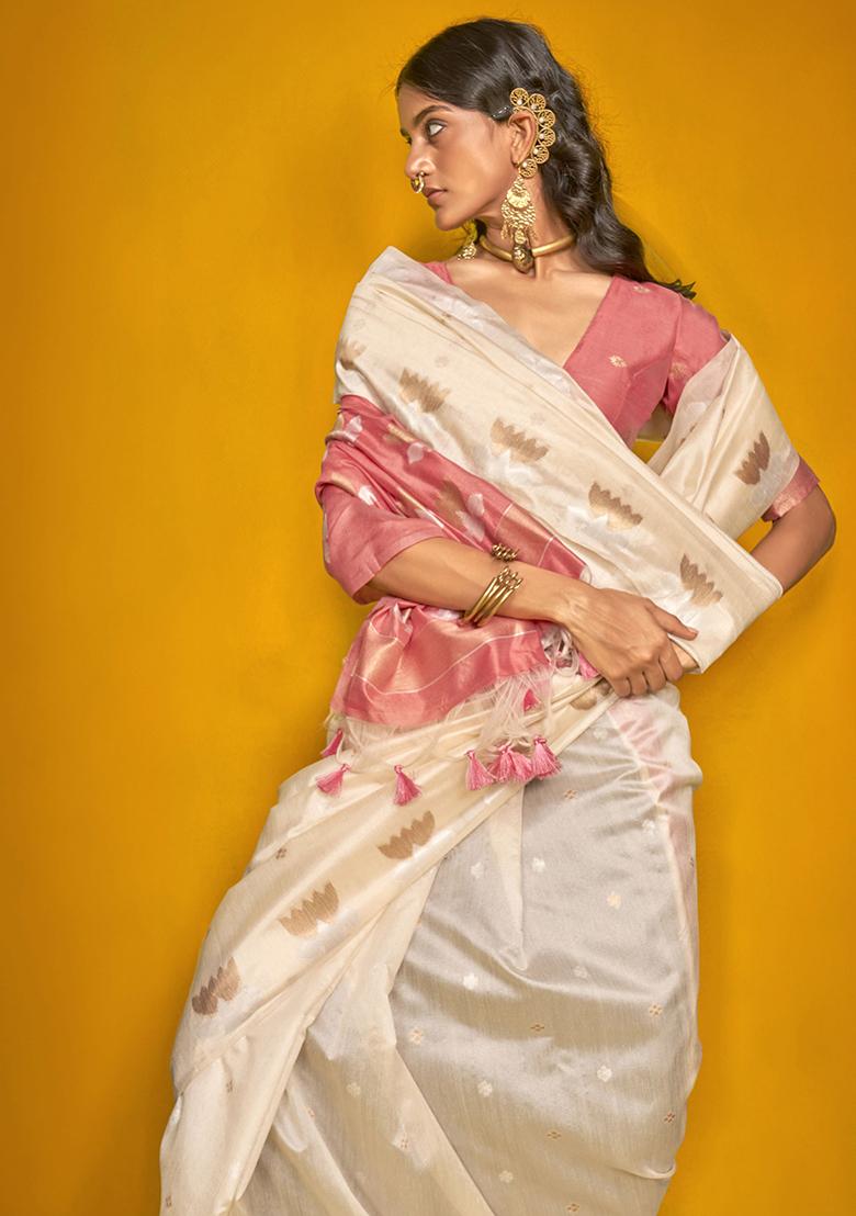 Beige Zari Weaving Silk Sarees