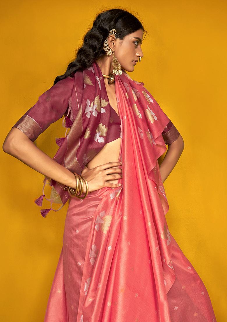 Pink Zari Weaving Silk Sarees