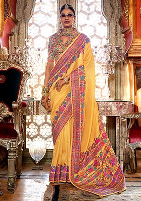 Yellow Floral Print Silk Sarees