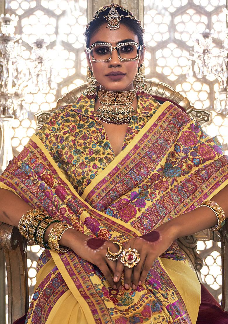 Yellow Floral Print Silk Sarees