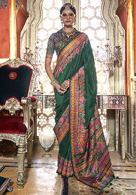 Green Floral Print Silk Sarees