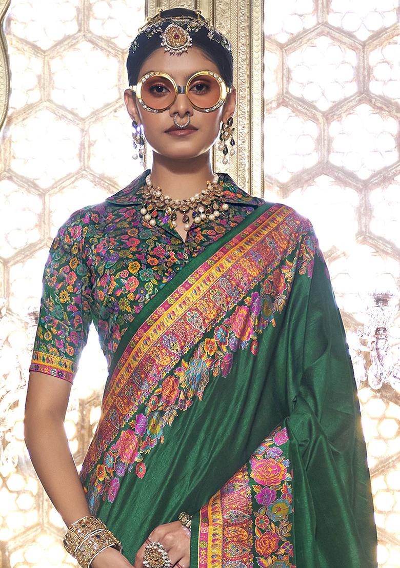 Green Floral Print Silk Sarees