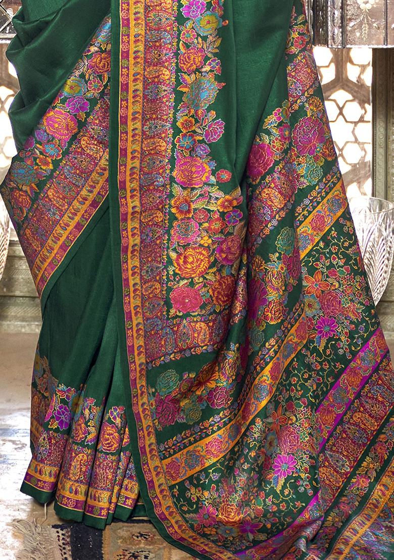 Green Floral Print Silk Sarees