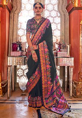 Black Floral Print Silk Sarees