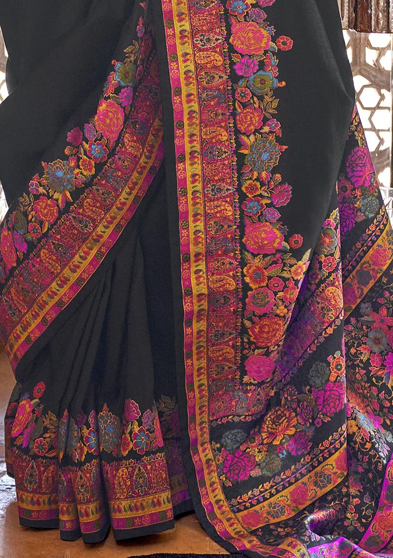 Black Floral Print Silk Sarees