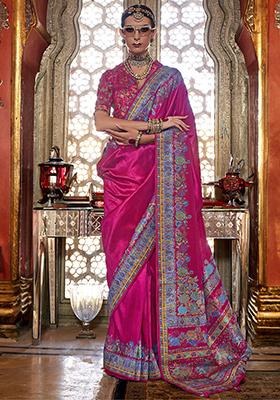 Pink Floral Print Silk Sarees