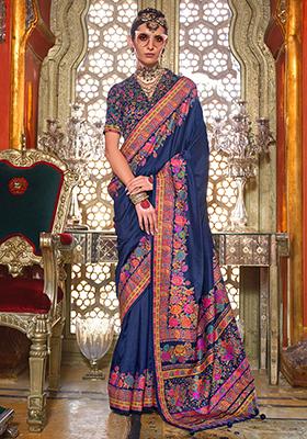 Navy Blue Floral Print Silk Sarees