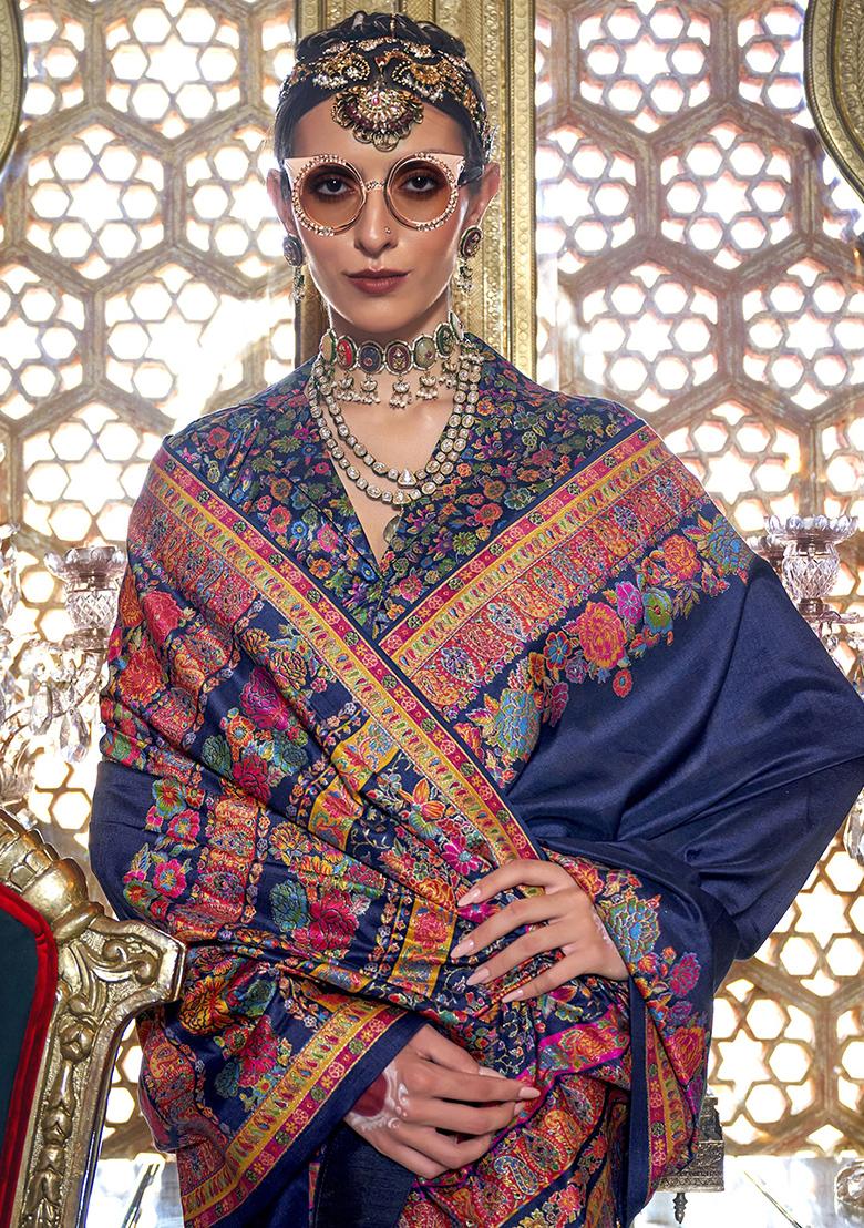 Navy Blue Floral Print Silk Sarees