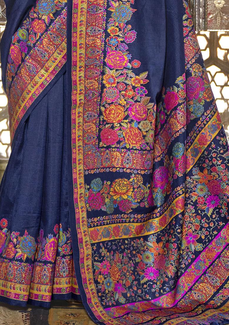 Navy Blue Floral Print Silk Sarees