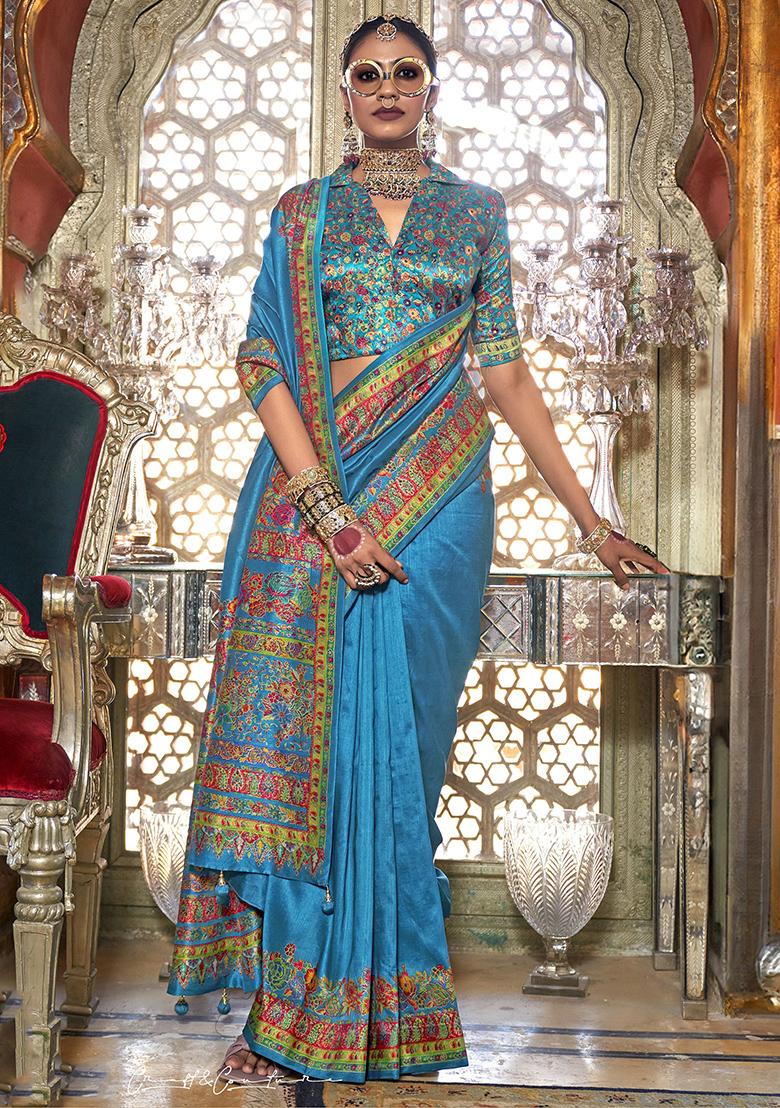 Sky Blue Floral Print Silk Sarees