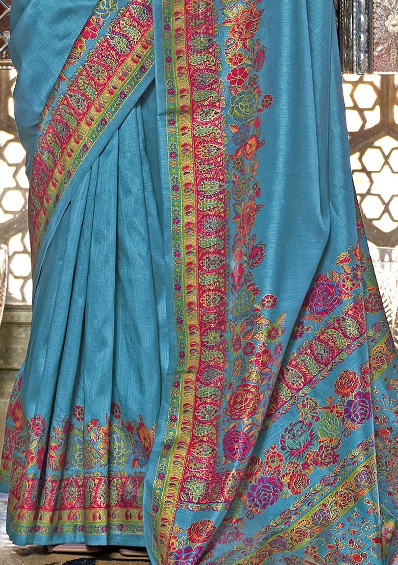 Sky Blue Floral Print Silk Sarees