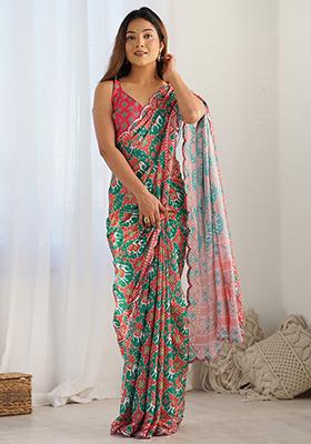 Green Digital Print Chinon Sarees