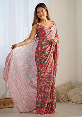 Red Digital Print Chinon Sarees