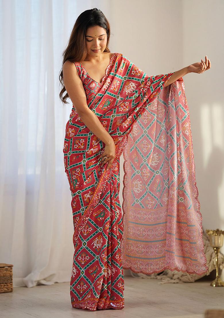 Red Digital Print Chinon Sarees